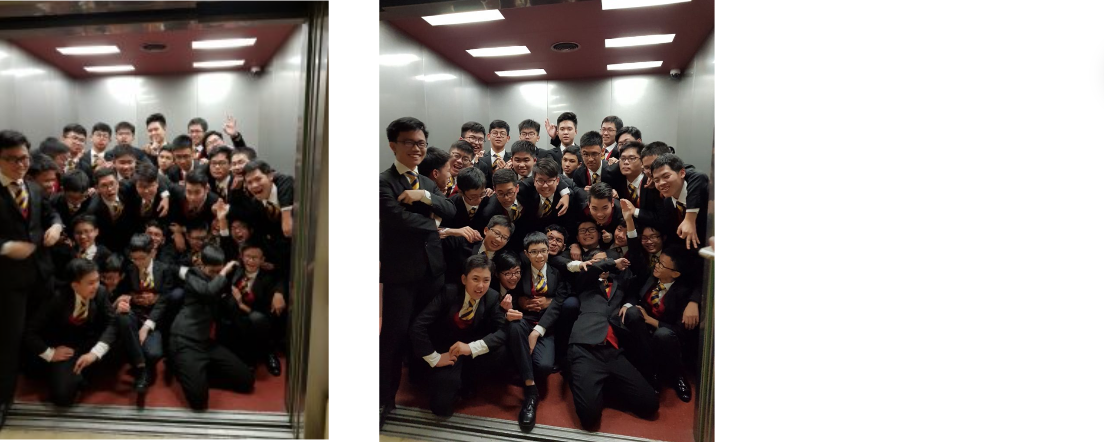 A large group of young men in black suits and striped ties packed tightly inside an elevator, posing and smiling.